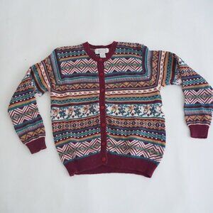 Vintage Petite Sophisticate Maroon Stripe Fair Isle Nordic Knit Boho Cardigan M